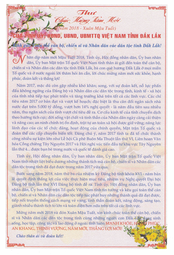 Thư chúc mừng năm mới (Năm 2018 - Xuân Mậu Tuất) của Tỉnh ủy, HĐND, UBND và Ủy ban MTTQ Việt Nam tỉnh