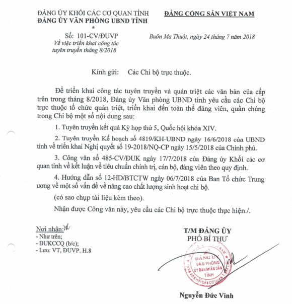 Công văn số 101-CV/ĐUVP ngày 24/7/2018 của Đảng ủy Văn phòng UBND tỉnh về việc triển khai công tác tuyên truyền tháng 8/2108